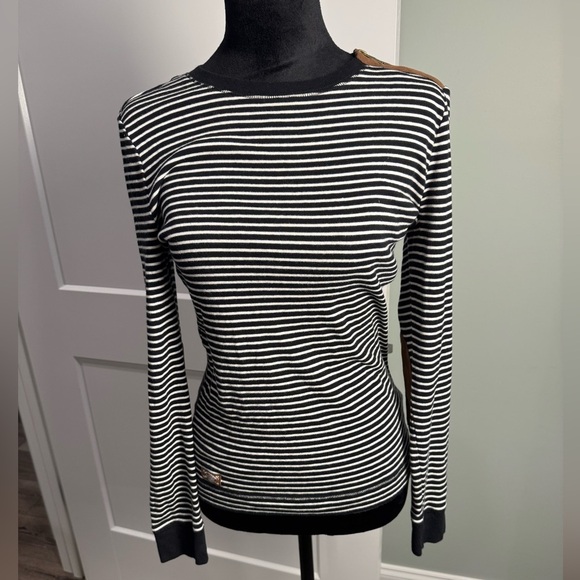 Lauren Ralph Lauren Black White Striped Shoulder Zip Elbow brown Patch Shirt - Picture 2 of 12